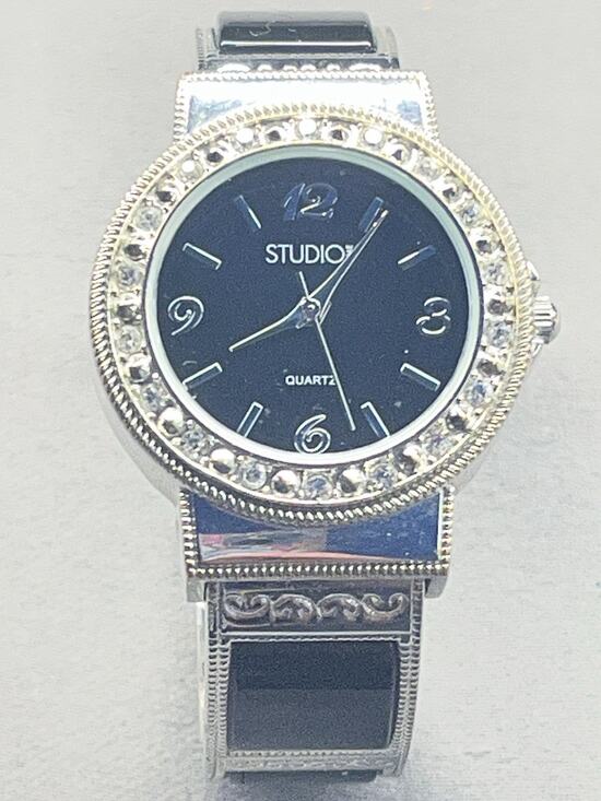 Studio1 Accessories - Studio 1 Women’s Rhinestone Bezel Black Dial Cuff Watch AS IS Needs Battery